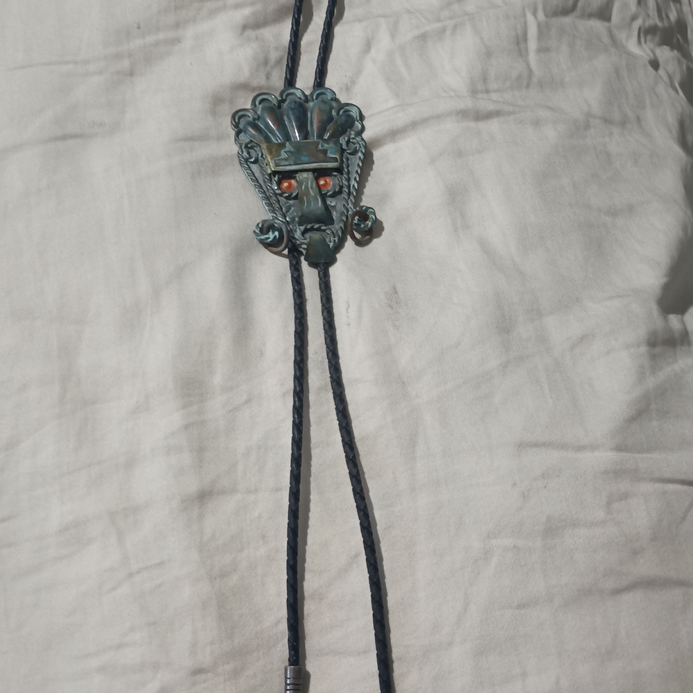 Southwestern Turquoise Bolo Tie with Carved Mask Slide